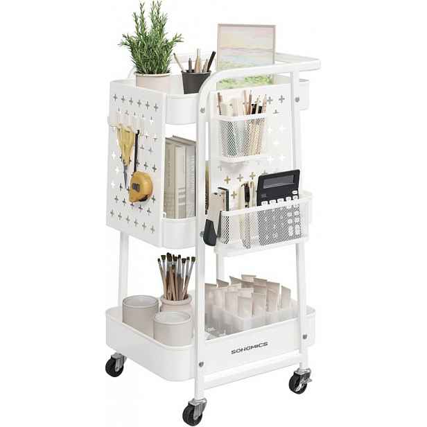 Kovový pojízdný regál s háčky a pegboardy, bílý, 3 patra