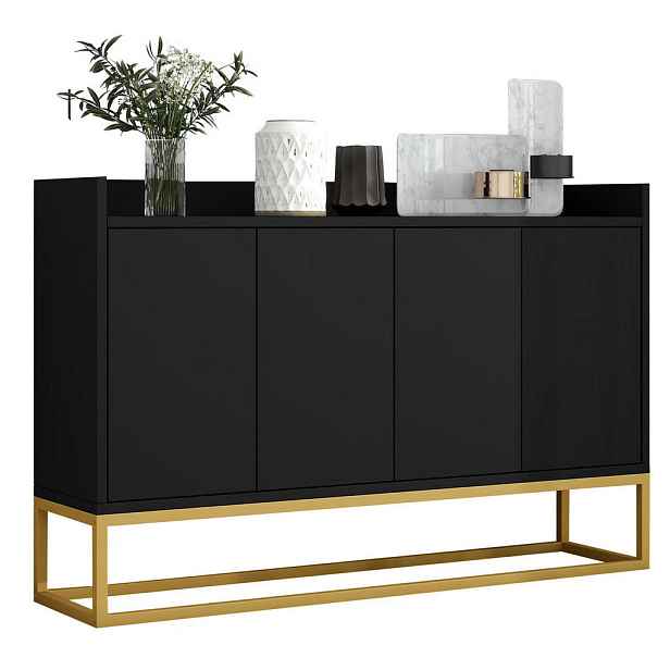 Redom SIDEBOARD 120/30/80 cm s bezúchytkovým otevíráním, 4 dvířky a nastavitelnými policemi, Černá