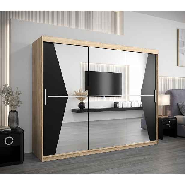 Skříň s posuvnými dveřmi MILANA - šířka 250 cm, dub sonoma / černá