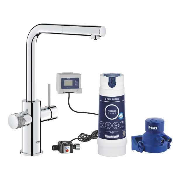 Baterie dřezová stojánková Grohe Blue Pure Minta S filtrací, výpusť L vytahovací chrom