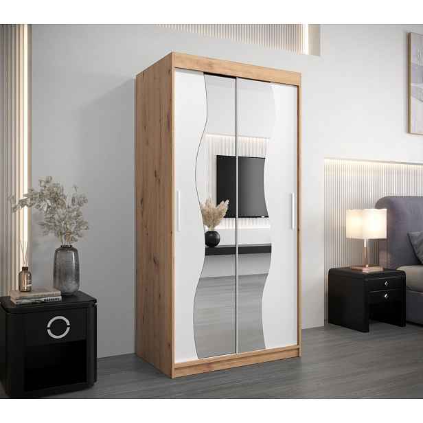 Šatní skříň se zrcadly XEIE - šířka 100 cm, dub artisan / bílá
