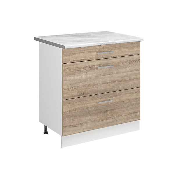 Vicco SPODNÍ SKŘÍŇKA KUCHYŇSKÉ LINKY R-Line, Sonoma/Bílá, 80 cm se 3 zásuvkami pracovná doska Mramor