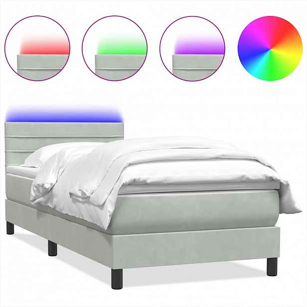 vidaXL Box spring postel s matrací a LED světle šedá 80x220 cm samet