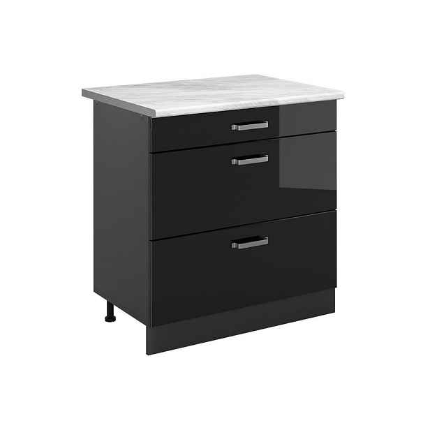 Vicco SPODNÍ SKŘÍŇKA KUCHYŇSKÉ LINKY R-Line, Černý vysoký lesk/Antracit, 80 cm se 3 zásuvkami pracovná doska Mramor