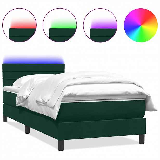 vidaXL Box spring postel s matrací a LED tmavě zelená 80x220 cm samet