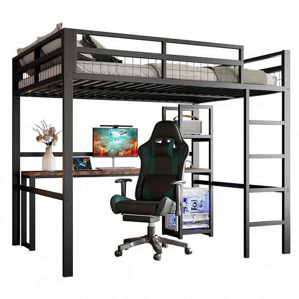 CHICFURN VYVÝŠENÁ POSTEL 140/200 cm v černé barvě s psacím stolem, policemi, USB a Type-C
