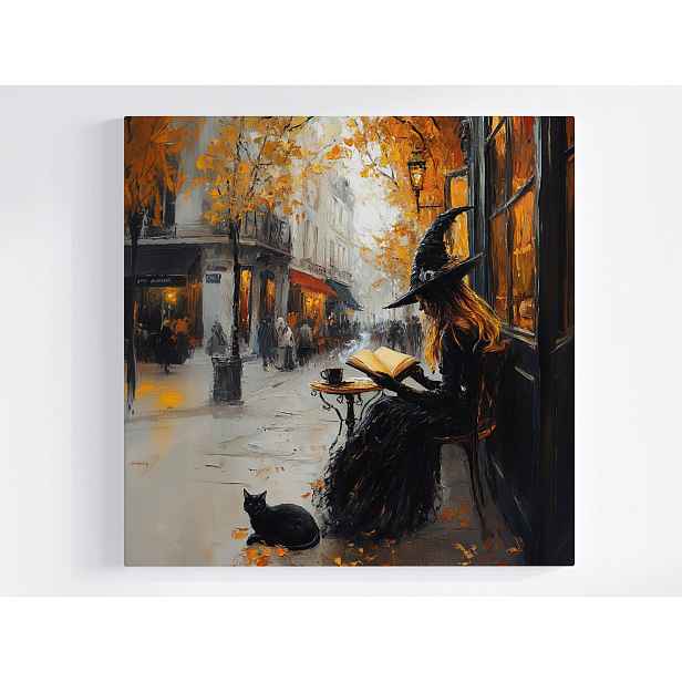 Obraz Na Plátně Canvas Čarodějnice Kavárna Kočka Podzim Káva 50x50