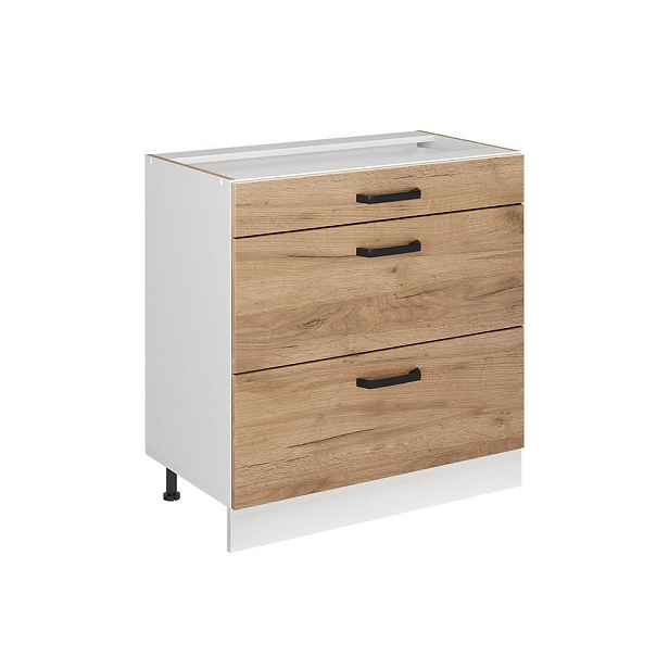 Vicco SPODNÍ SKŘÍŇKA KUCHYŇSKÉ LINKY R-Line, Zlatý mocný dub/Bílá, 80 cm se 3 zásuvkami bez pracovní desky