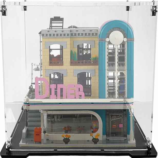 Vitrína s černou základnou pro Lego 10260 Bistro v centru města