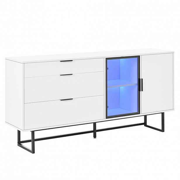 Modfu PŘÍBORNÍK z MDF a dřevotřísky 160x36x78 cm bílý se skleněnými dveřmi, LED osvětlením, 3 zásuvkami a kovovou konstrukcí