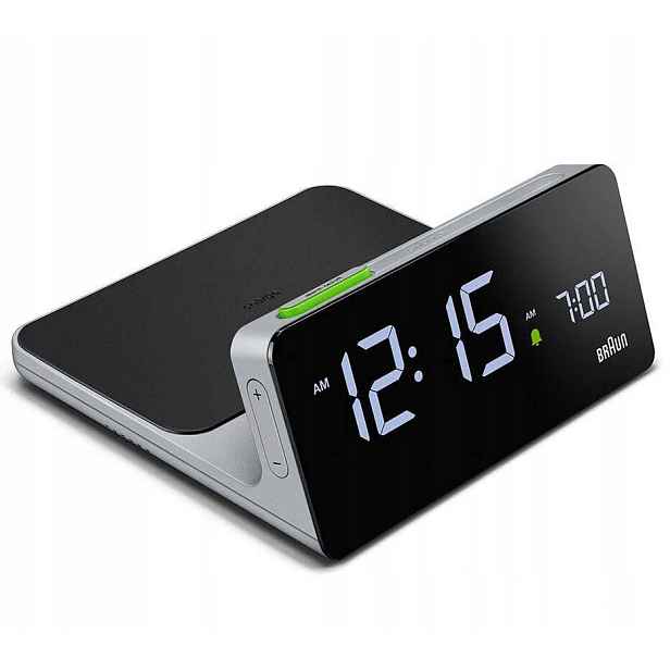 Šedý Budíkový Budík Braun BC21G Indukční Nabíječka Qi 10W