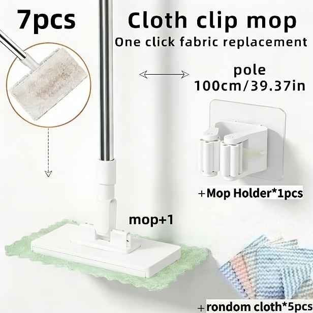 TEMU Sada 7 ks: 1 mop + 5 čisticích hadrů náhodných + 1 háček. Odolný ruční mop ve stylu svorky, vhodný pro čištění kuchyně, koupelny, oken a