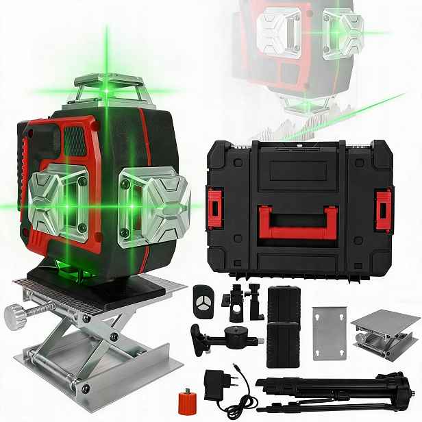 16-LINKOVÁ Laserová Vodováha, 4D Křížový Laser, Stativ, Kufr, Zelená Sada