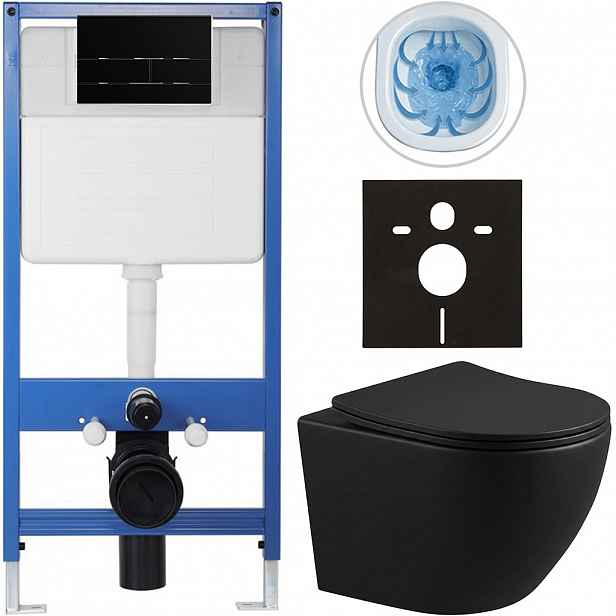 Kompletní WC set Profi/Cesso - černá matná - WC tlačítko Line/Černá lesklá - předstěnová instalace - 49x36 cm - 8050BD84265