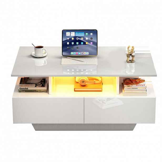 OKWISH KONFERENČNÍ stolek 90/55/41 cm bílý z dřevotřísky s LED osvětlením a 2 zásuvkami