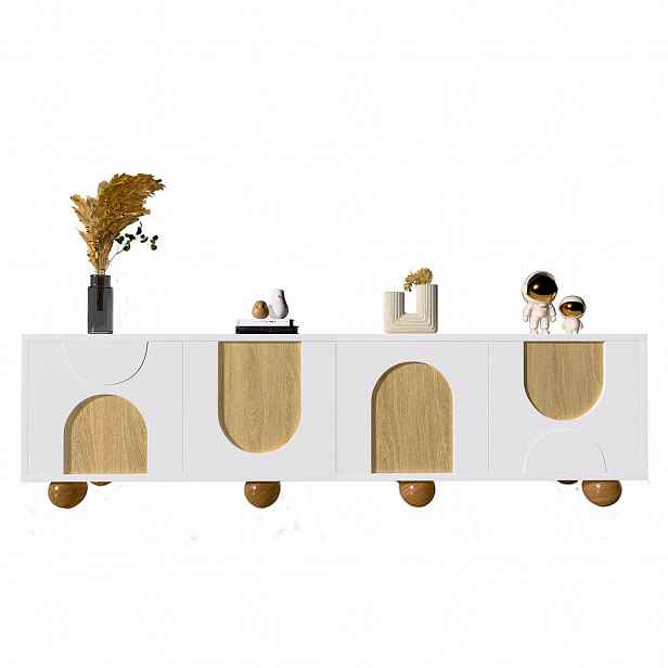 Modfu TV skříňka z MDF a dřevotřísky 175x38x50 cm bílá/přírodní se 4 dvířky a velkým úložným prostorem