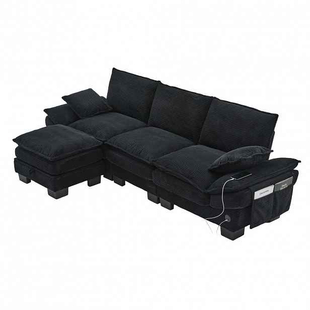 Modfu MODULÁRNÍ 3místná pohovka z manšestru 260x84x132 cm černá s taburetem, USB-C a bočními kapsami