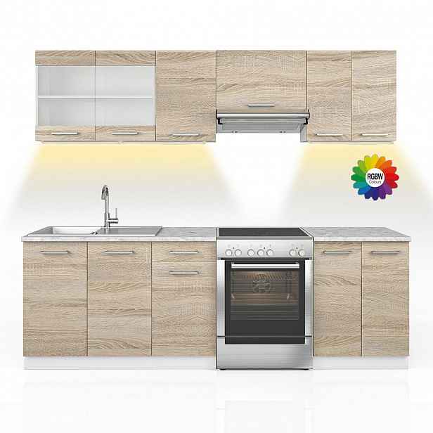 Vicco KUCHYŇSKÁ LINKA R-Line, Sonoma/Bílá, 240 cm S pracovní deskou s páskem LED