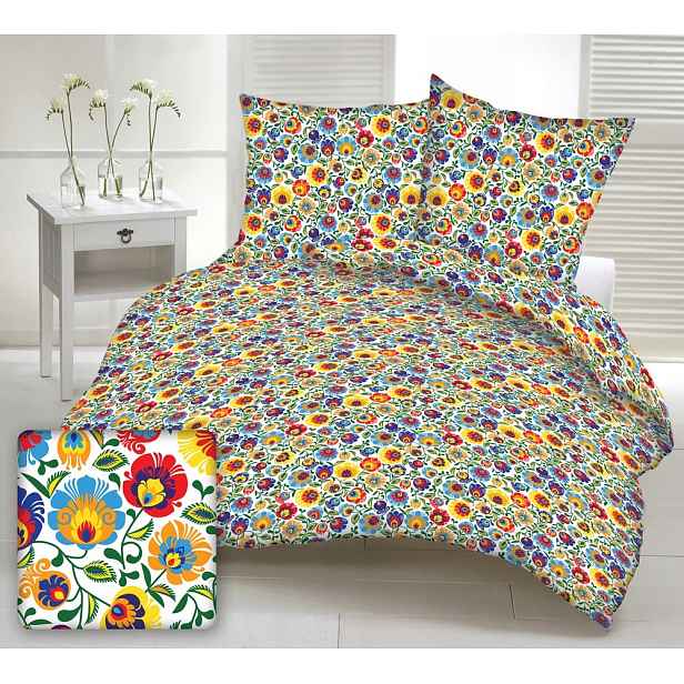 Krepové povlečení 160x200 bílá folk lovecké květiny barevné na knoflíky Kůra
