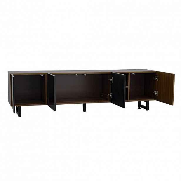 Modfu TV stolek z MDF a dřevotřísky 180x38x50 cm černá/přírodní s bezúchytkovými dvířky a vysokým leskem