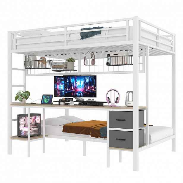 OKWISH VYVÝŠENÁ postel 204/145/180 cm bílá s psacím stolem a LED osvětlením z kovu a MDF