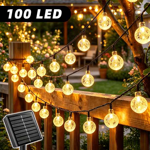 TEMU Solární LED venkovní světelné řetězy, 12,2/7,2/5,2M zahradní pohádkové světla se 100/50/20 bublinkovými žárovkami, 8 režimů svícení, teplá