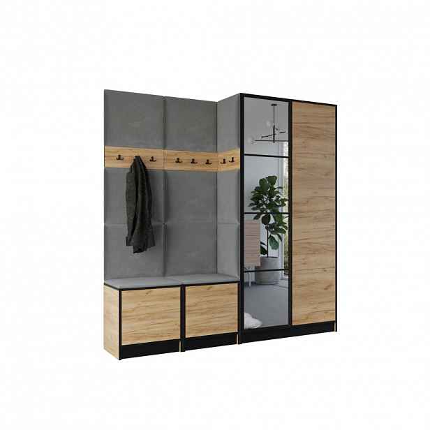 Kier Furniture ŠATNÍ SKŘÍŇ do předsíně EDEN 21 se zrcadlem - Dub Craft & šedá látka