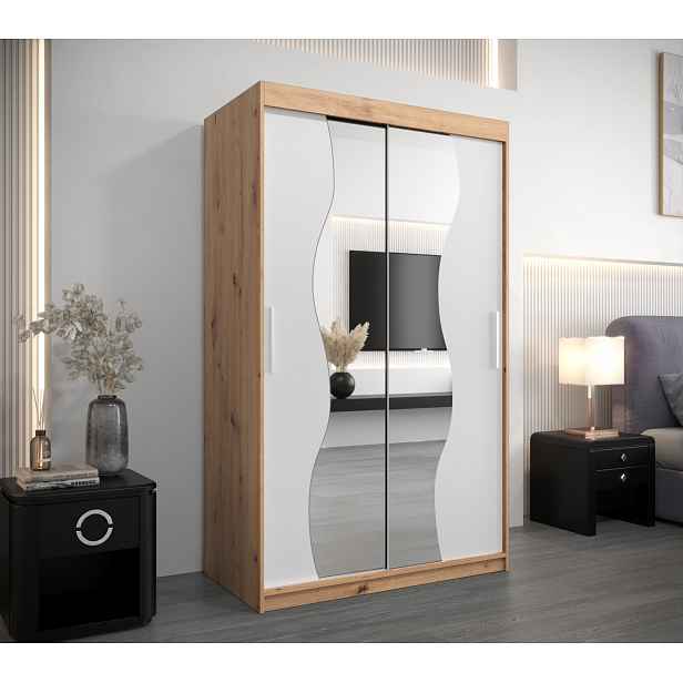 Šatní skříň se zrcadly JUDITA - šířka 120 cm, dub artisan / bílá