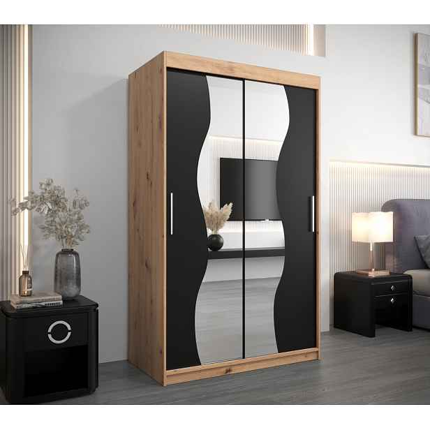Šatní skříň se zrcadly JUDITA - šířka 120 cm, dub artisan / černá