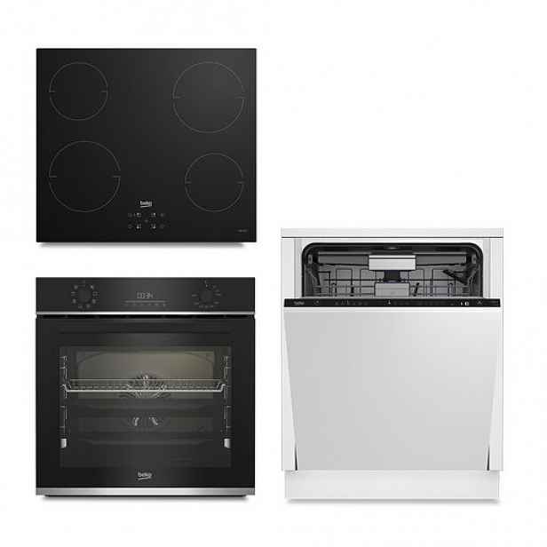 Akční set spotřebičů Beko - vestavná trouba BBIR13300XC + indukční varná deska HII64401QT + myčka BDIN36532