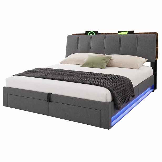 CHICFURN ČALOUNĚNÁ POSTEL 180/200 cm v šedé barvě s úložným prostorem, LED, USB a Type-C z lněné látky