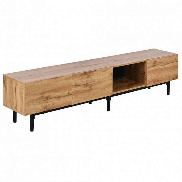 Modfu TV stolek z MDF 175x31x41 cm světlý dub/černá s LED osvětlením, 3 dvířky a velkým úložným prostorem