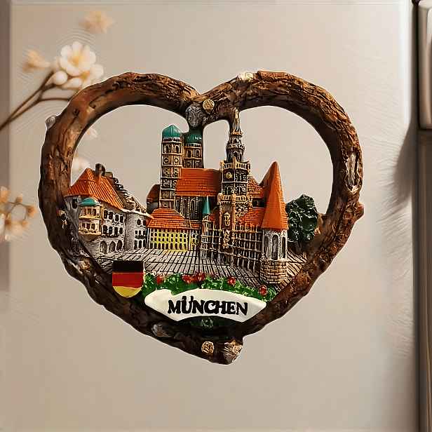 TEMU 2D plochý magnet na lednici s Mnichova, Německo - Bavárska památka ve tvaru srdce ( a hrad ), miniaturní model, odolný akrylový magnet s