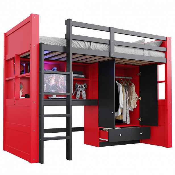 CHICFURN VYVÝŠENÁ POSTEL 90/200 cm v černé a červené barvě s LED, zásuvkami a úložným prostorem