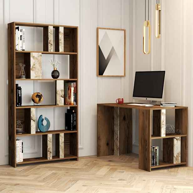 Psací stůl s knihovnou Lima - Walnut, White Marble