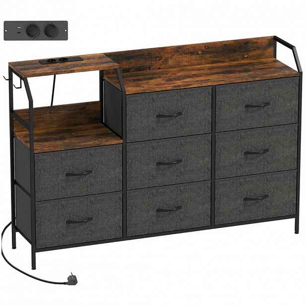 Modfu KOMODA z textilu a oceli rustikálně 130.5x30x88 cm hnědá/černá s 8 zásuvkami, nabíjecí stanicí a bočními háčky