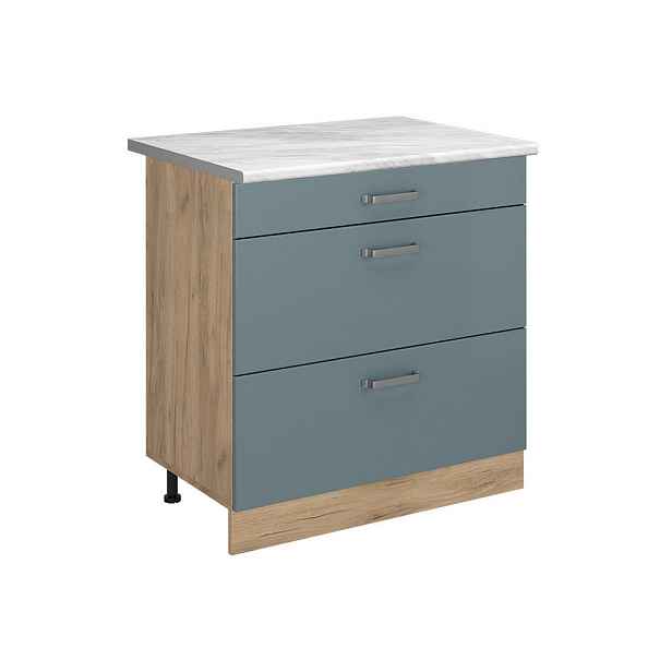 Vicco SPODNÍ SKŘÍŇKA KUCHYŇSKÉ LINKY R-Line, Modrošedá/Zlatý mocný dub, 80 cm se 3 zásuvkami pracovná doska Mramor