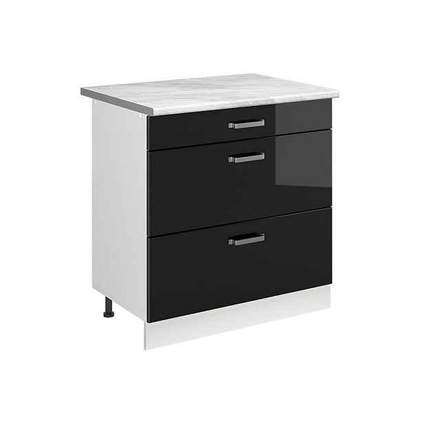 Vicco SPODNÍ SKŘÍŇKA KUCHYŇSKÉ LINKY R-Line, Černý vysoký lesk/Bílá, 80 cm se 3 zásuvkami pracovná doska Mramor