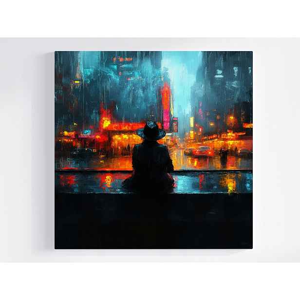 Obraz Na Plátně Canvas Postava Muž Noc Město Déšť Světla 50x50