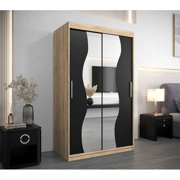 Šatní skříň se zrcadly JUDITA - šířka 120 cm, dub sonoma / černá