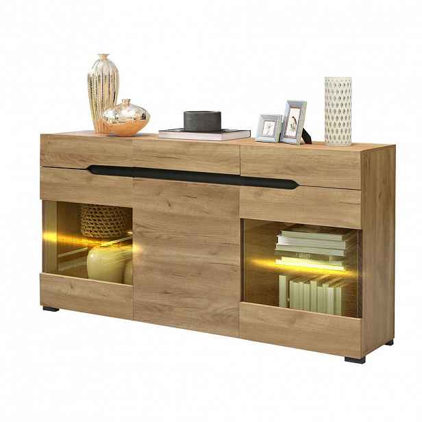Modfu KOMODA z dřevotřísky 140x35x80 cm dubová s LED osvětlením, 3 dvířky, 3 zásuvkami a USB napájením