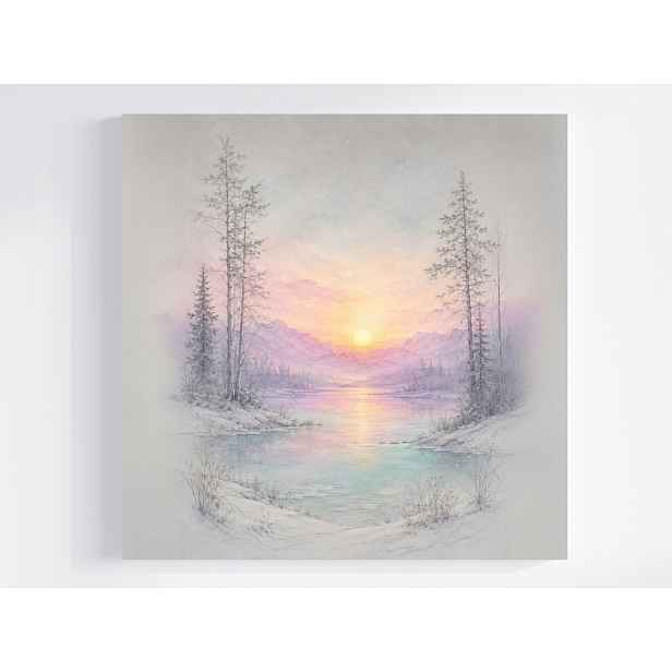 Obraz Na Plátně Canvas Krajina Hory Jezero Les Stromy Slunce Východ 50x50