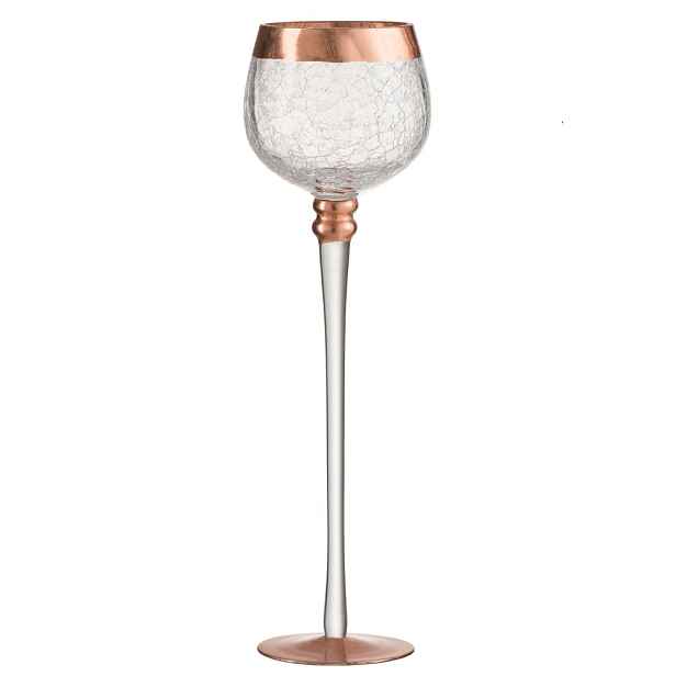 Skleněný svícen na noze s popraskáním Copper - Ø 9*30cm J-Line by Jolipa
