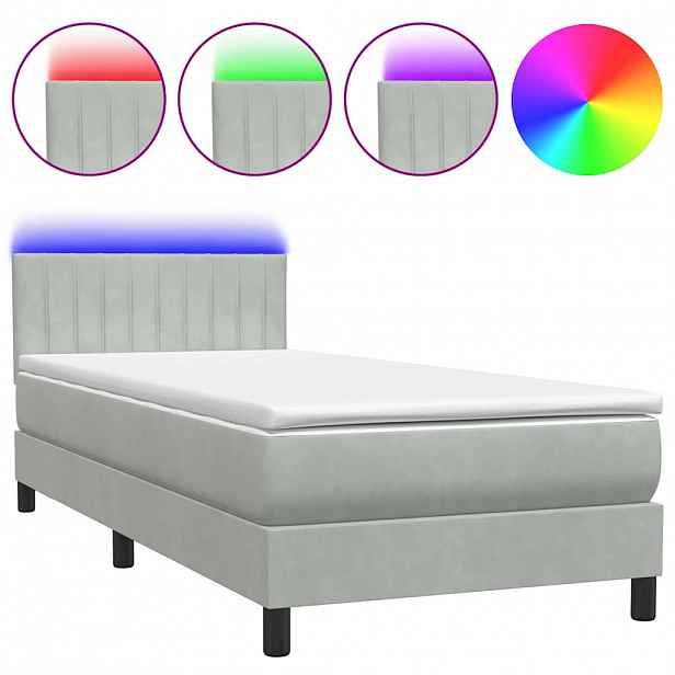 vidaXL Box spring postel s matrací a LED světle šedá 80x220 cm samet