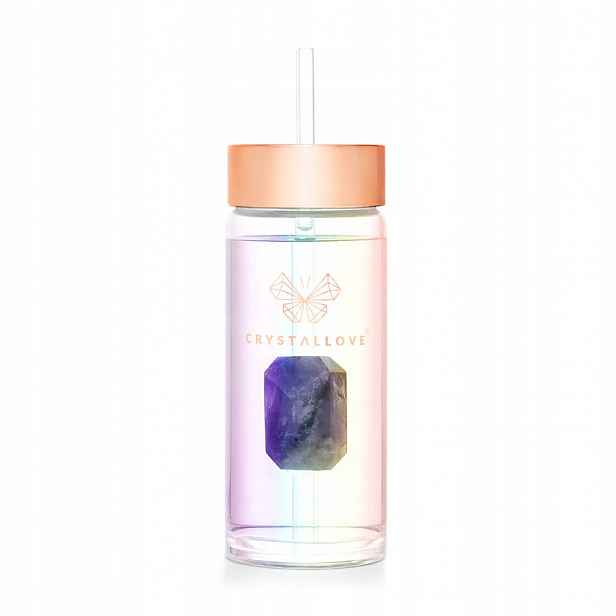 Crystallove Skleněná lahvička na vodu s ametystem a brčkem 400 ml hologram