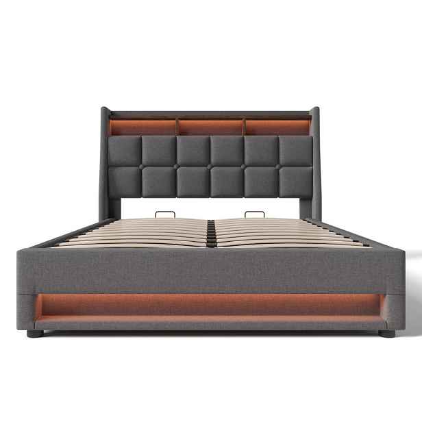 Modenvie ČALOUNĚNÁ postel s matrací, 140/200 cm, lněný potah šedá, LED, USB a úložný prostor