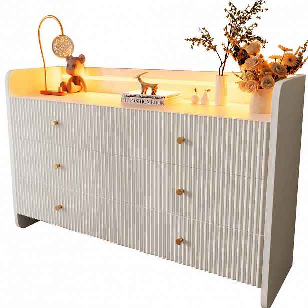 Modfu KOMODA z dřevotřísky 120x40x75 cm bílá s LED osvětlením, 6 zásuvkami a vlnitým 3D dekorem