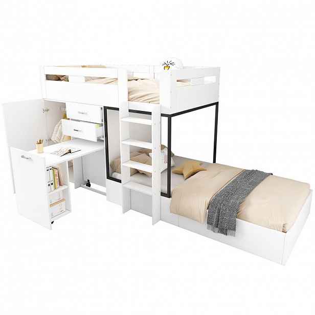 OKWISH PATROVÁ postel 90/200 cm bílá a černá z MDF s výsuvným stolem