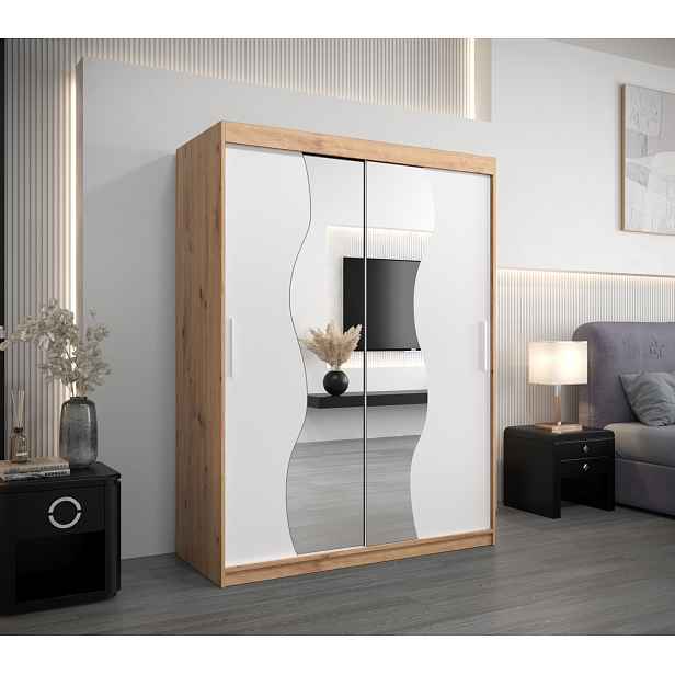 Šatní skříň se zrcadly ULRIKA - šířka 150 cm, dub artisan / bílá