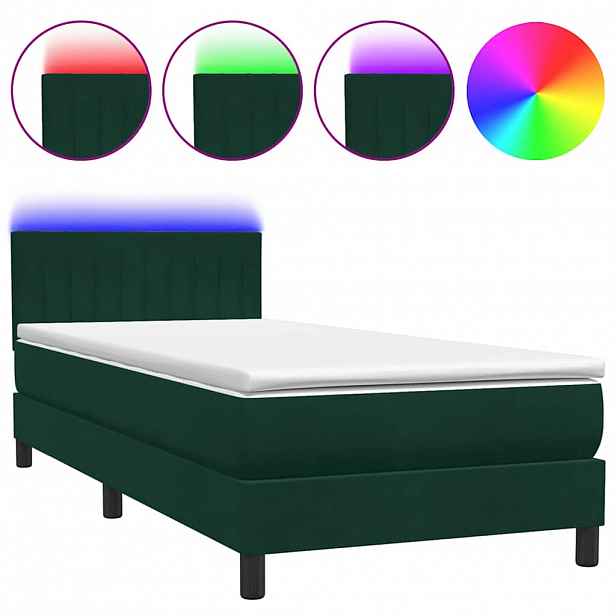 vidaXL Box spring postel s matrací a LED tmavě zelená 80x220 cm samet